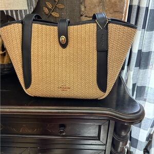 Coach Tan and Black Tote Bag with Leather Trim